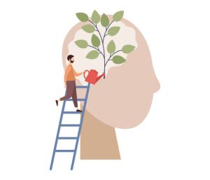 Mind growth icon. Metaphor for growth of personality as plant. Self-improvement, self-development. Man watering brain plant with watering can. Vector